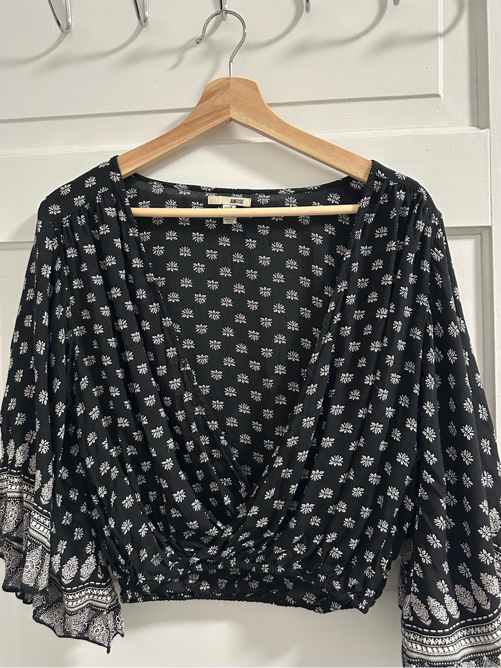 Black Floral Wrap Crop Top with Bat/Bell Sleeve Detail